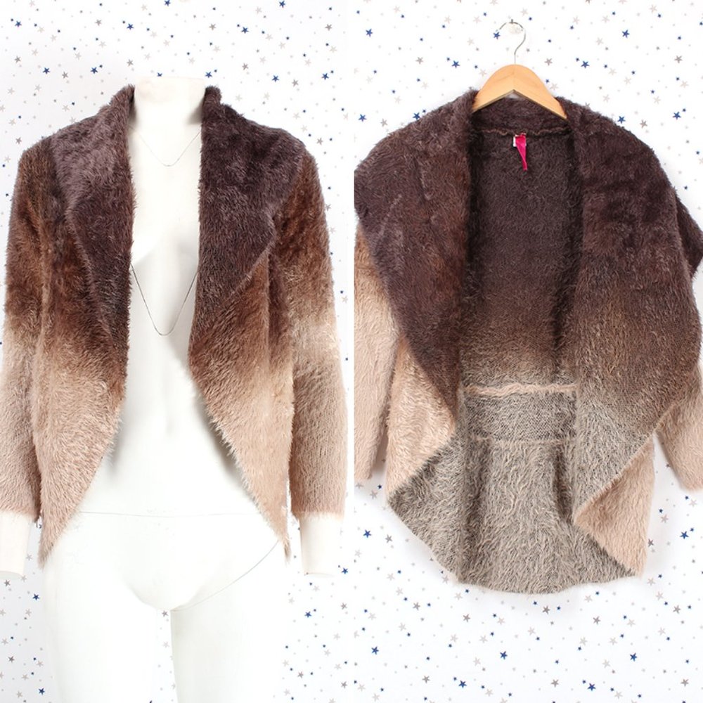Fuzzy Ombre Cardigan Sweater Brown